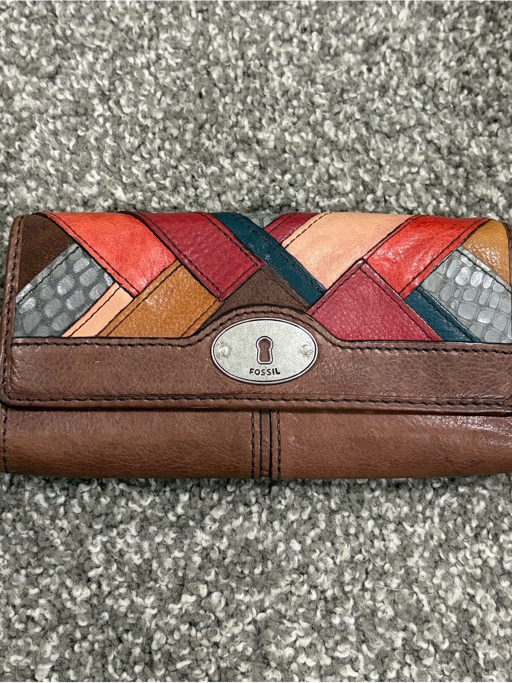 Fossil Brown Leather Wallet with Multicolor Woven Panels